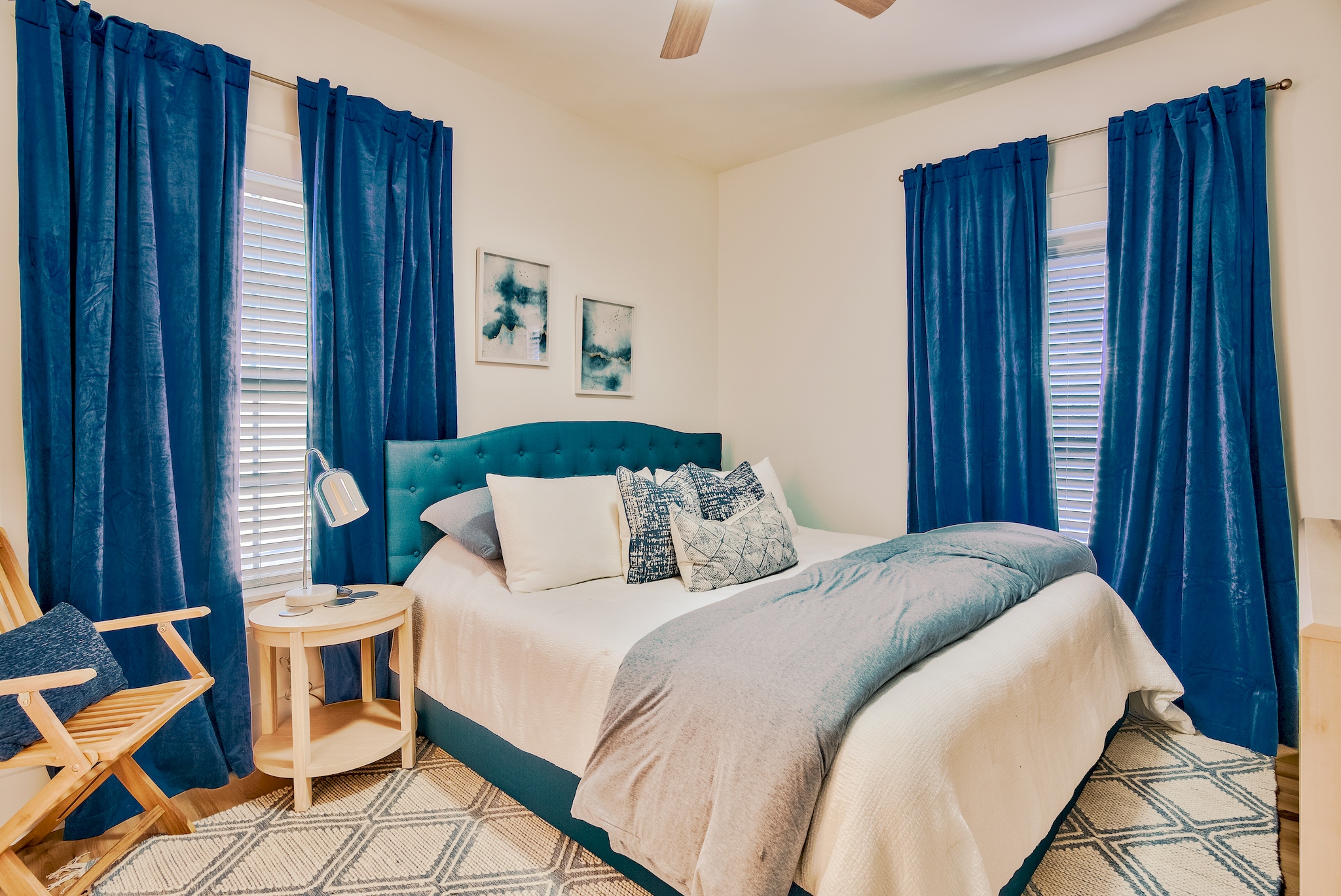 Bedroom with blue-and-white bedding