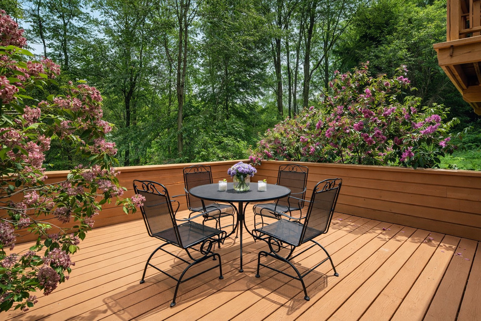 Sip coffee or cocktails surrounded by mountain laurel and forest views—this private lower deck with seating for four is your new favorite spot.