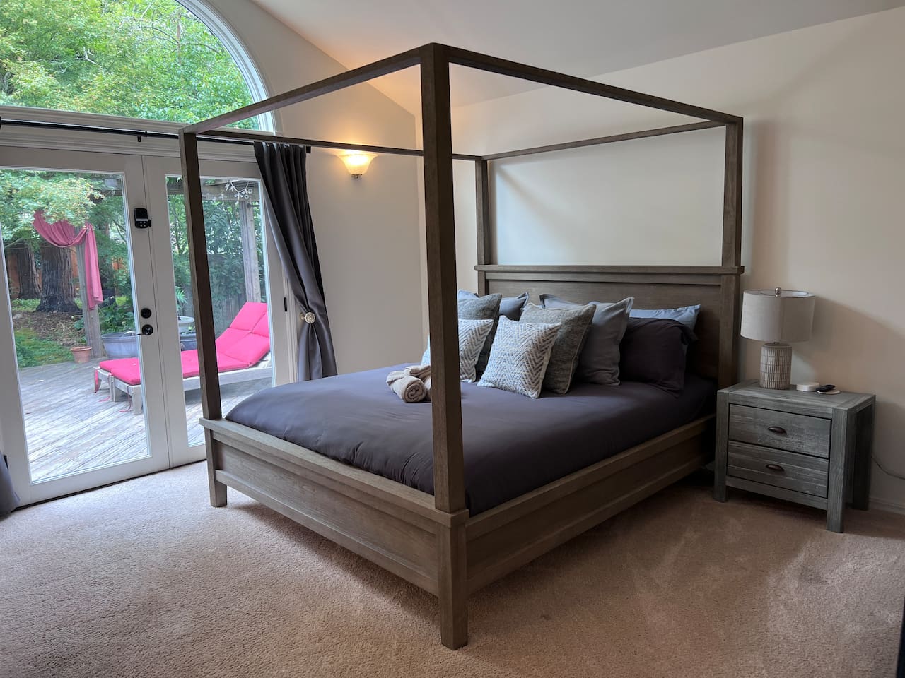 California King Bed, 55" 4K TV, private deck.