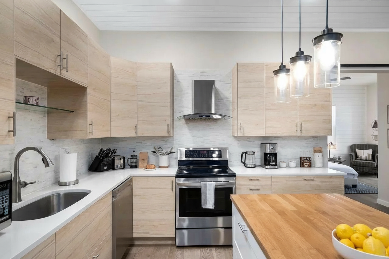 {Kitchen} Chef-ready kitchen with Keurig, French press, kettle, blender, crockpot, and more.