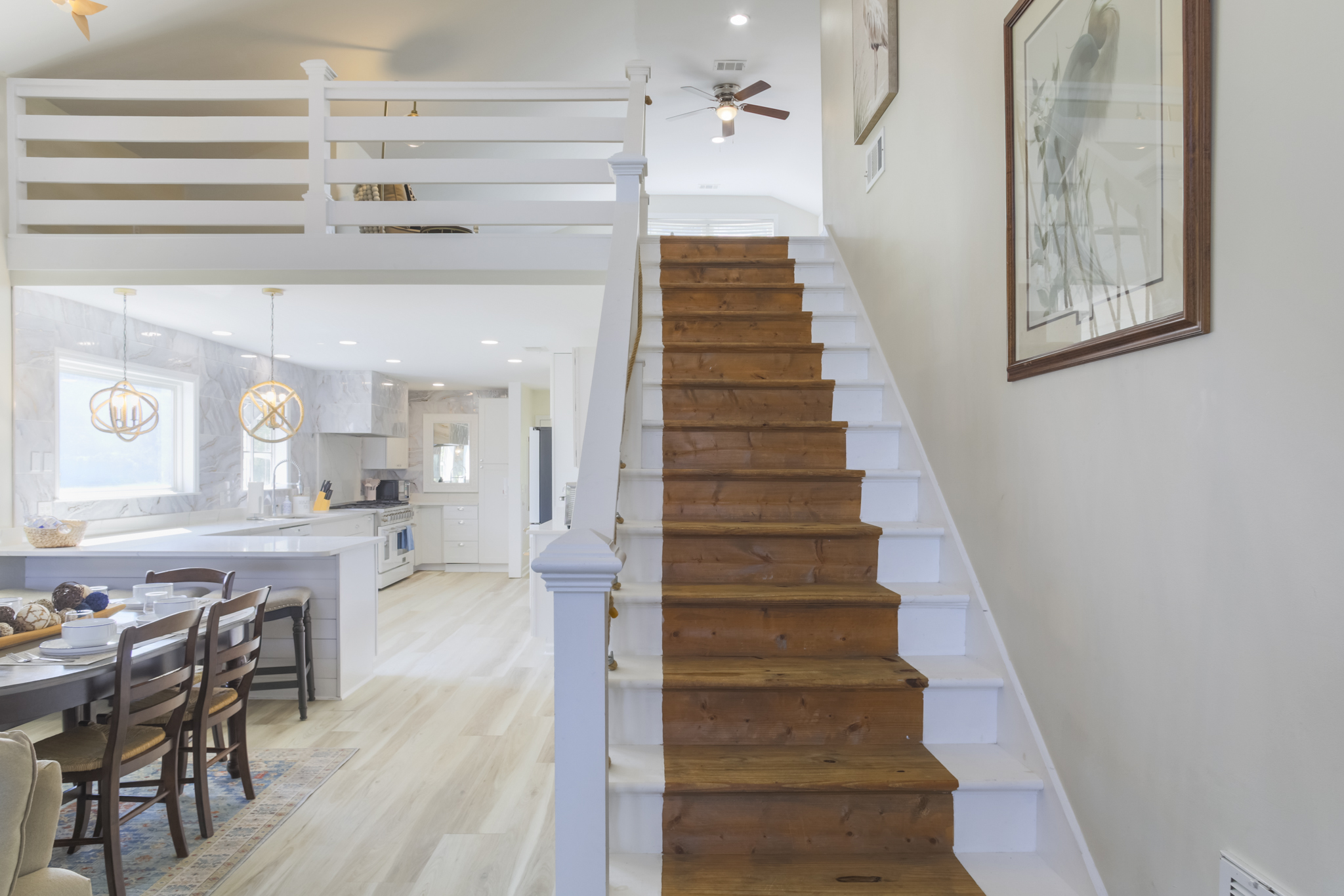 Charming staircase leads up to the cozy loft retreat.