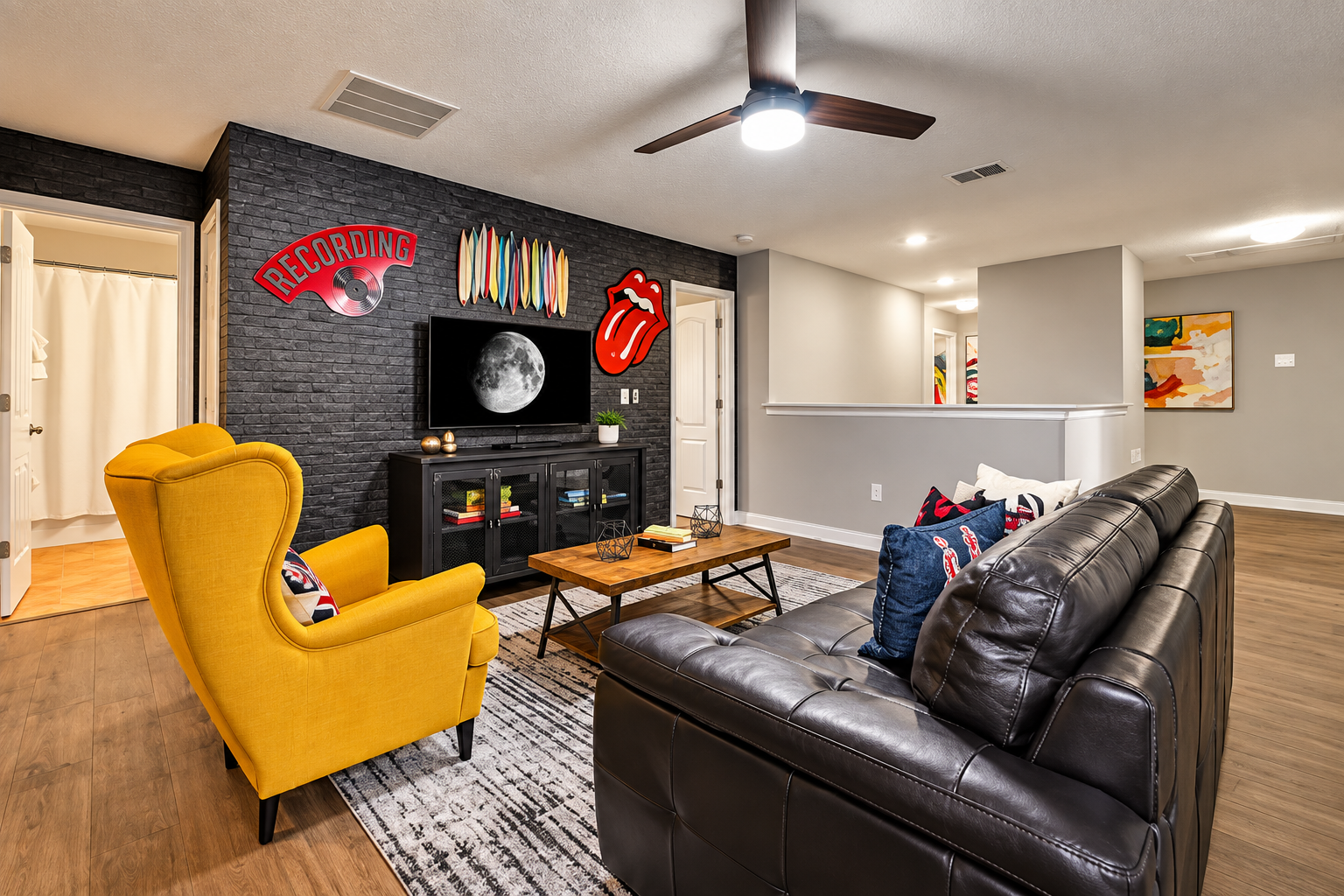 Centrally located, this family room serves as a gathering hub for all the other rooms upstairs.