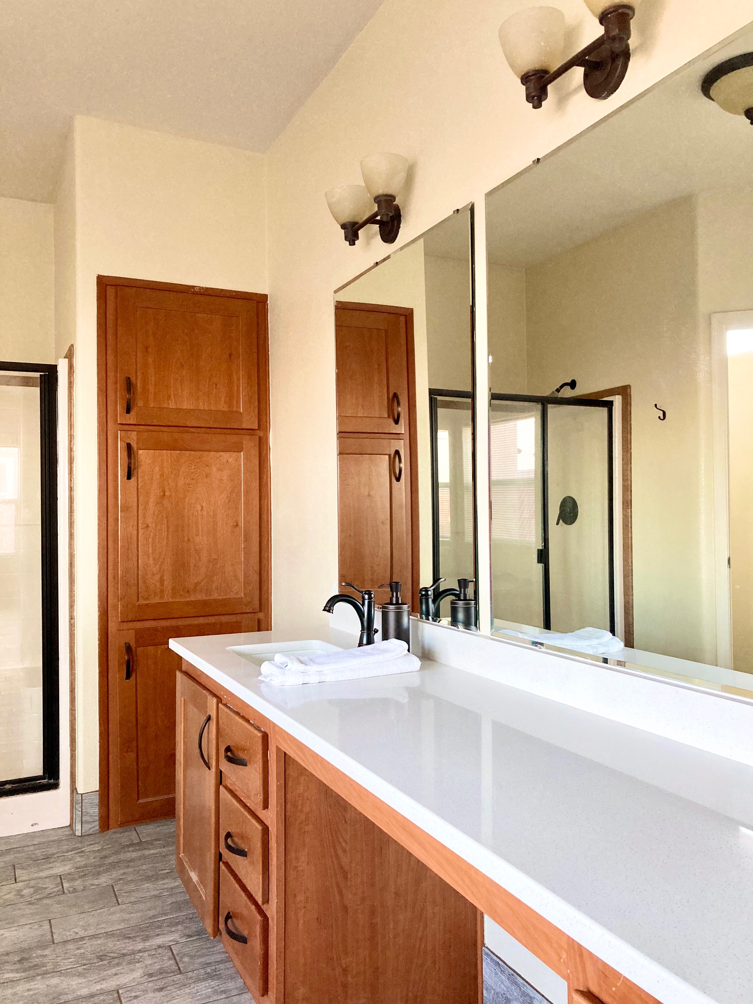 Bunk room ensuite bathroom, double sink and walk in shower
