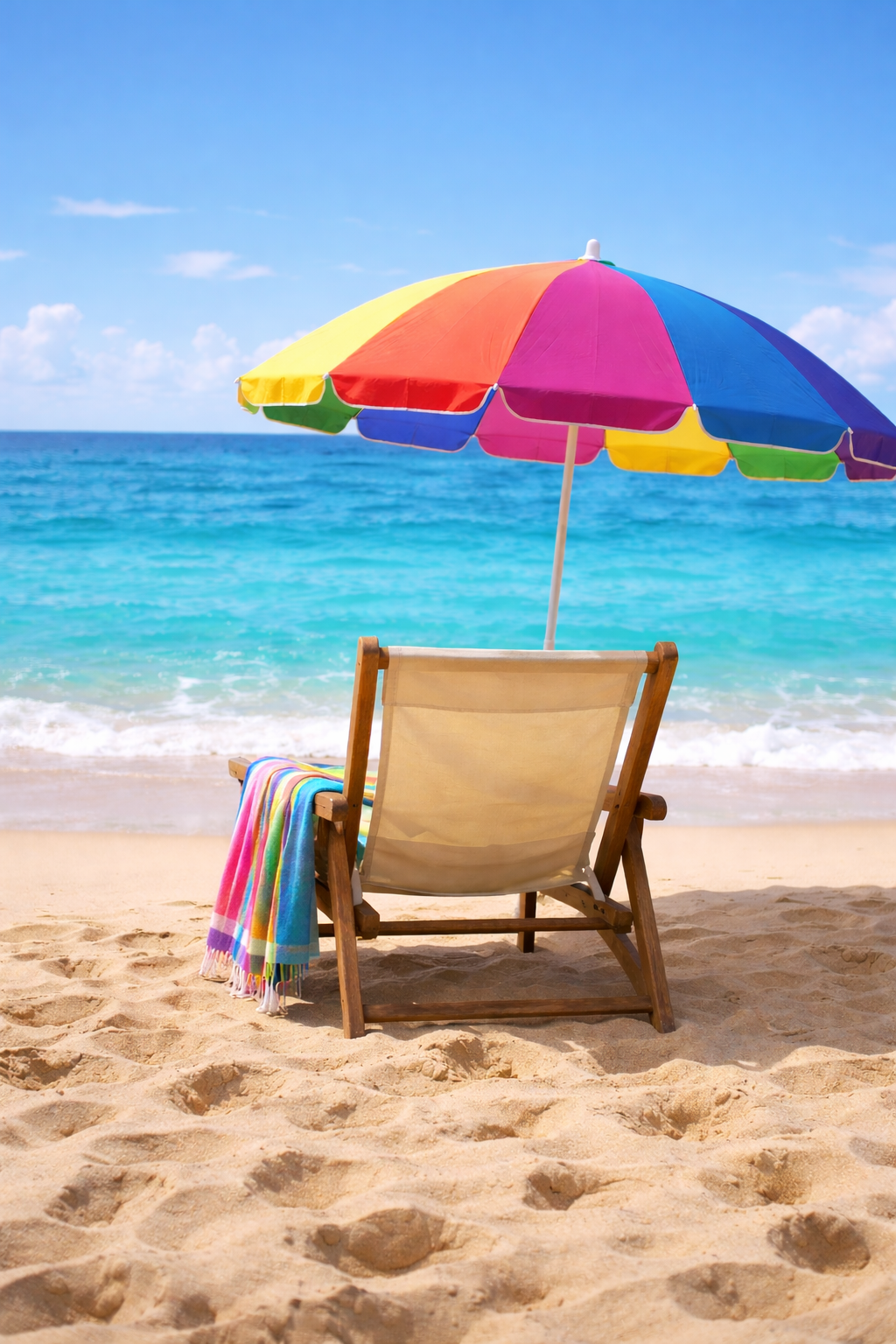 Where the waves whisper and the world slows down — just a chair, a splash of color, and endless ocean views