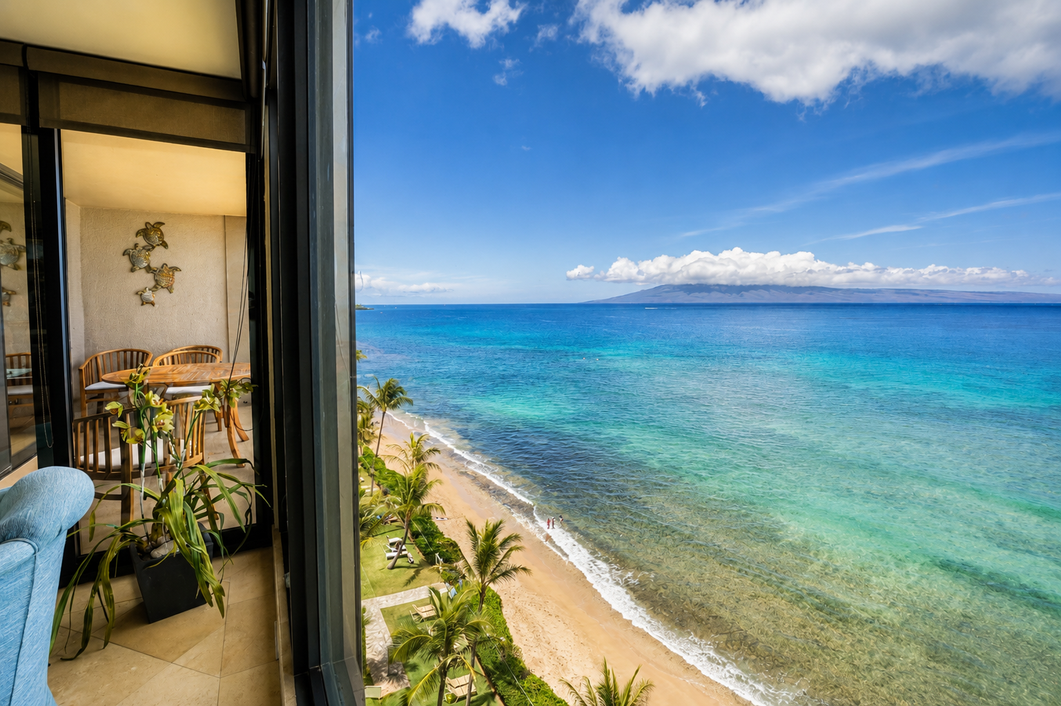 Sandy beach, palms and ocean waves