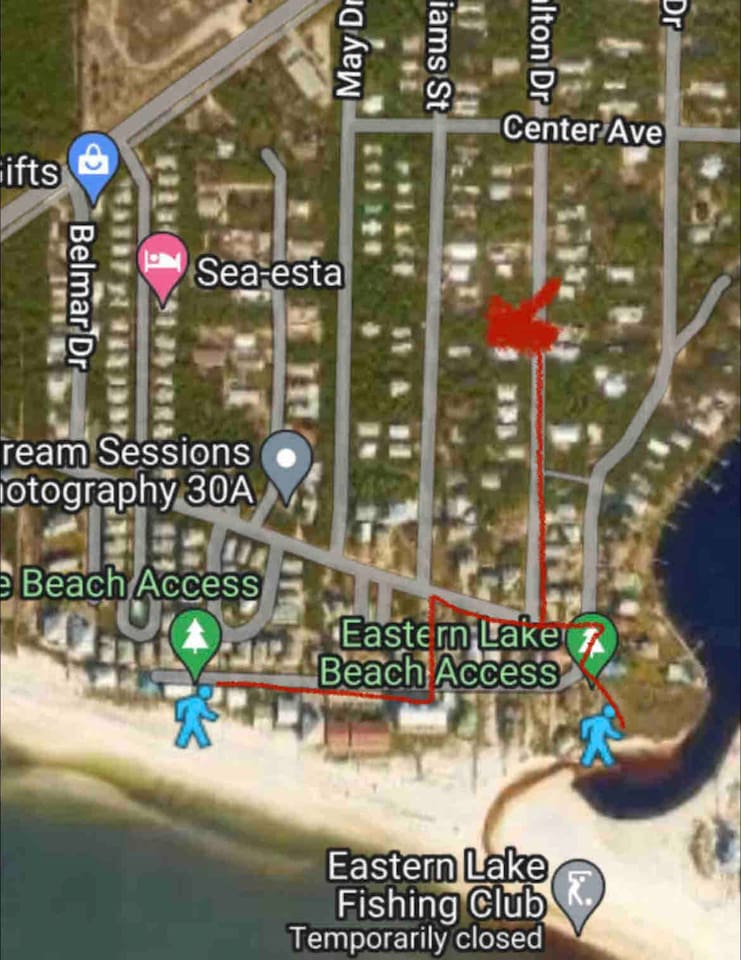 Two beach accesses within a couple minutes walking distance from the Salty Mermaid.
Ramsgate and Eastern Lake 
The red X is the Salty Mermaid.