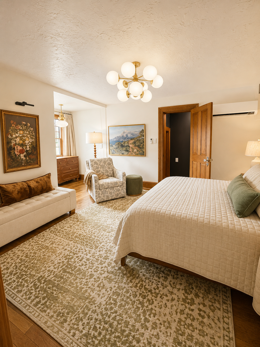 Beautiful upstairs bedroom featuring a comfortable queen-size bed, cozy sitting area, and warm natural light. The perfect place to relax with a book, unwind after a day of exploring, or enjoy a peaceful night's sleep in comfort and style.