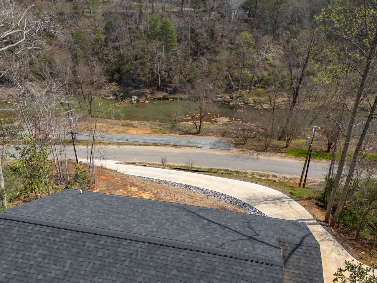 Upper drone view overlooking the cabin