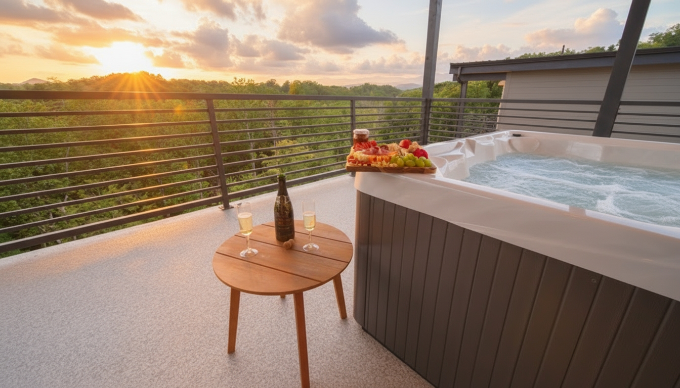 Sip mimosas as the sun rises over breathtaking mountain views, all from the comfort of your private hot tub