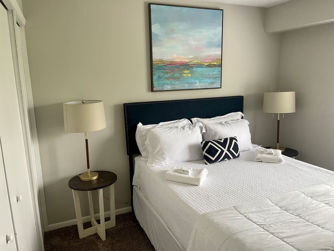 Bedroom 1, with queen size bed and memory foam mattress