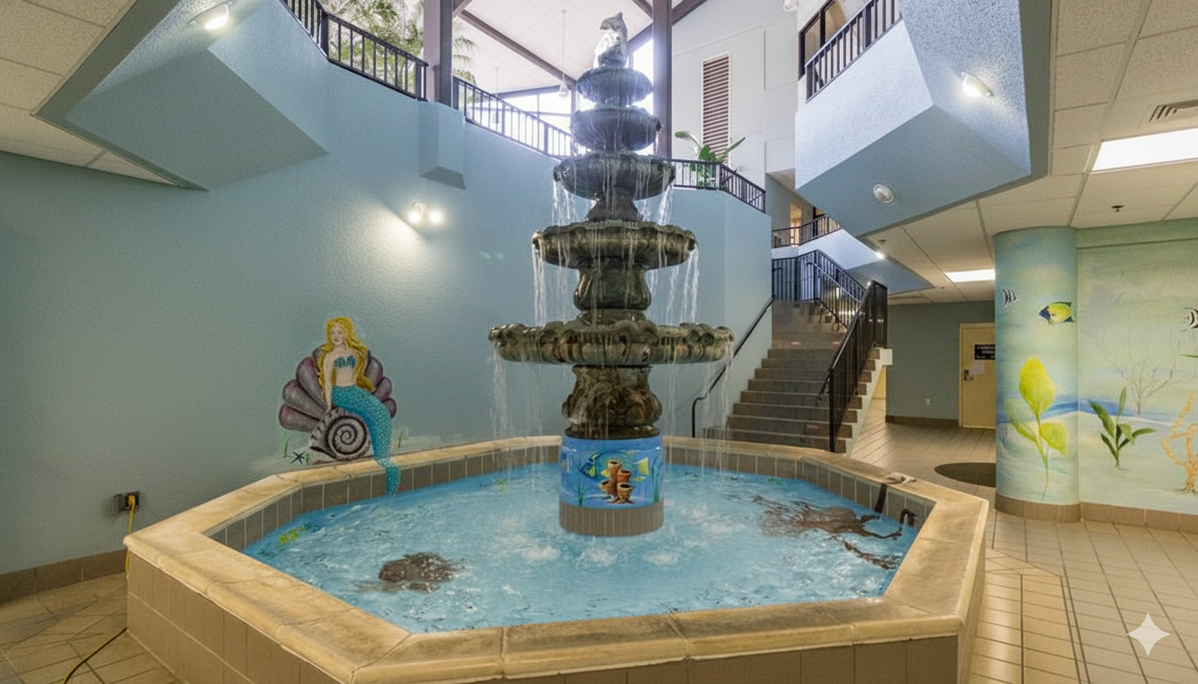 The iconic Phoenix V welcome. Our charming lobby fountain and coastal murals greet you upon arrival, setting the perfect tone for your beach escape!