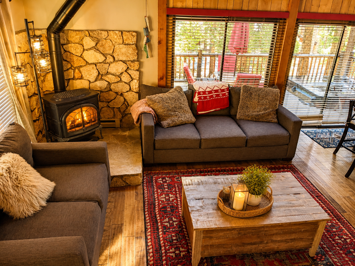 We have large, cozy couches in our living area and a gas stove heater in the corner.  We also have some board games and a tv for cozy nights in the "Baby" cabin.