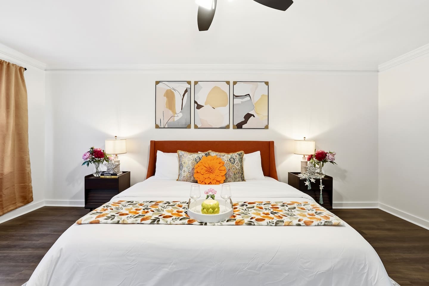 Beautiful second-level master bedroom featuring a king bed, a Roku-powered Smart TV, located all the way to the right at the top of the staircase. This room includes 2 full-body towels, 2 washcloths, and 2 hand towels for your stay.
