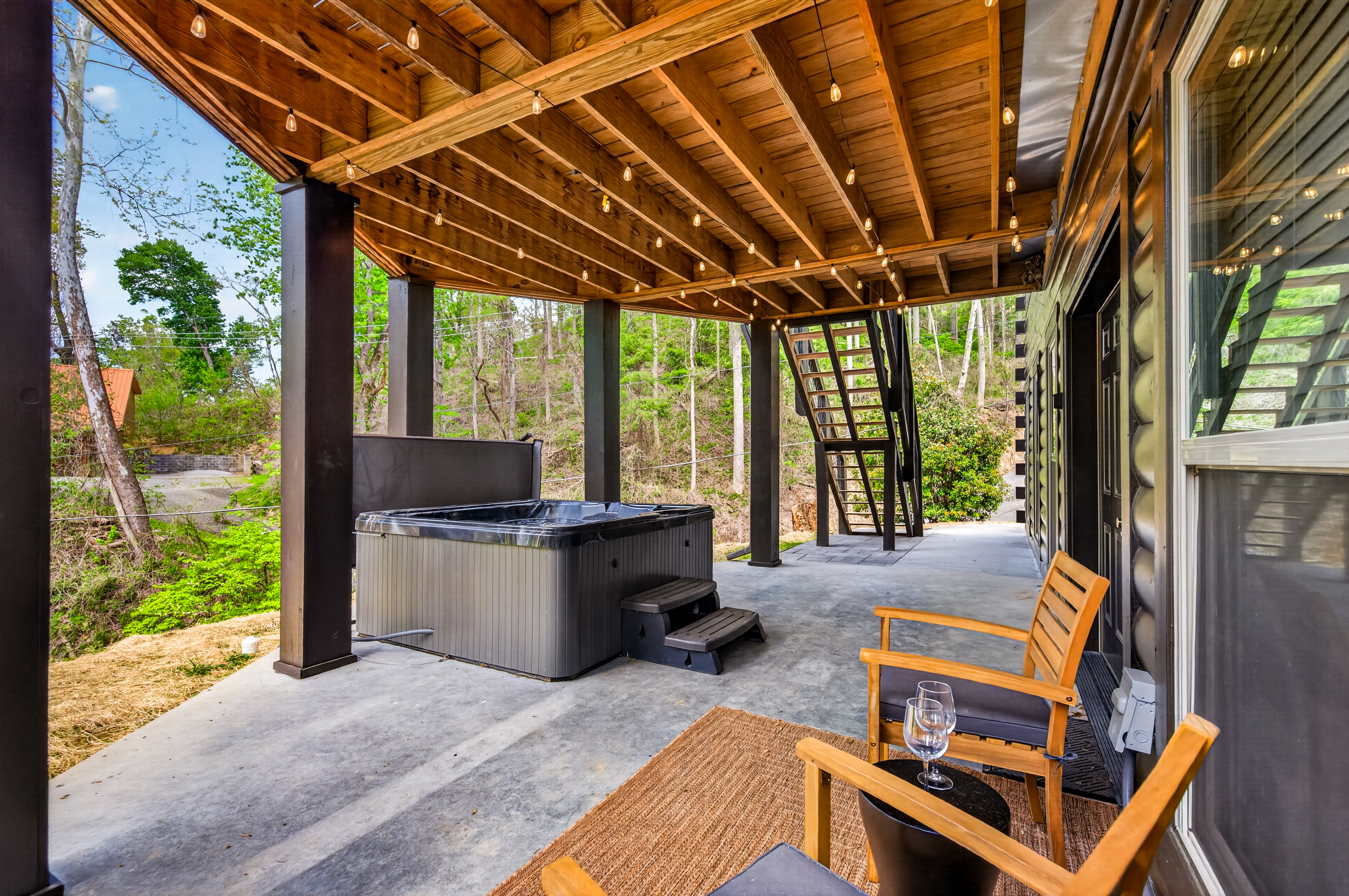 Hot tub off main downstairs entrance. Drained, cleaned, sanitized and refilled after each guest stay.
