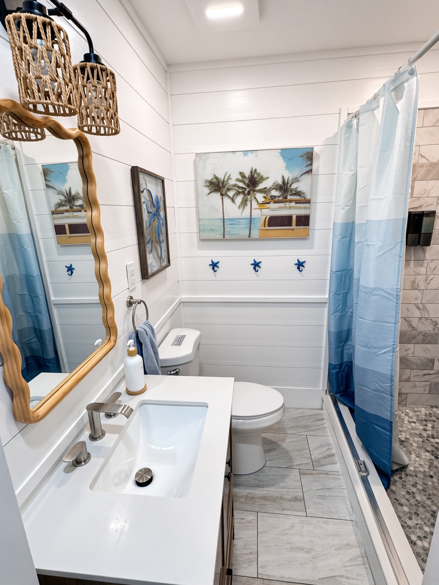 Hall bathroom with walk-in shower and laundry 