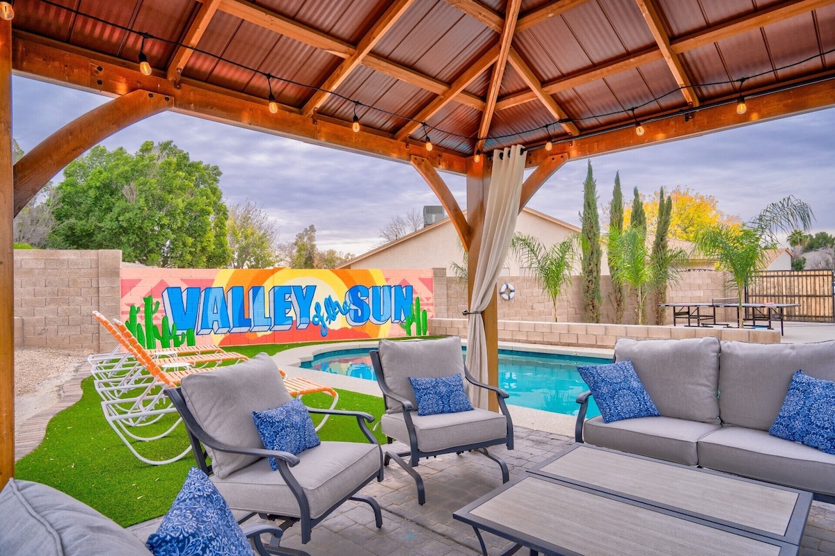 Gazebo in the serene backyard seats eight & provides the perfect spot to watch all activities provided in this huge backyard (pool, putting green, ping pong, tetherball, corn hole, hot tub)