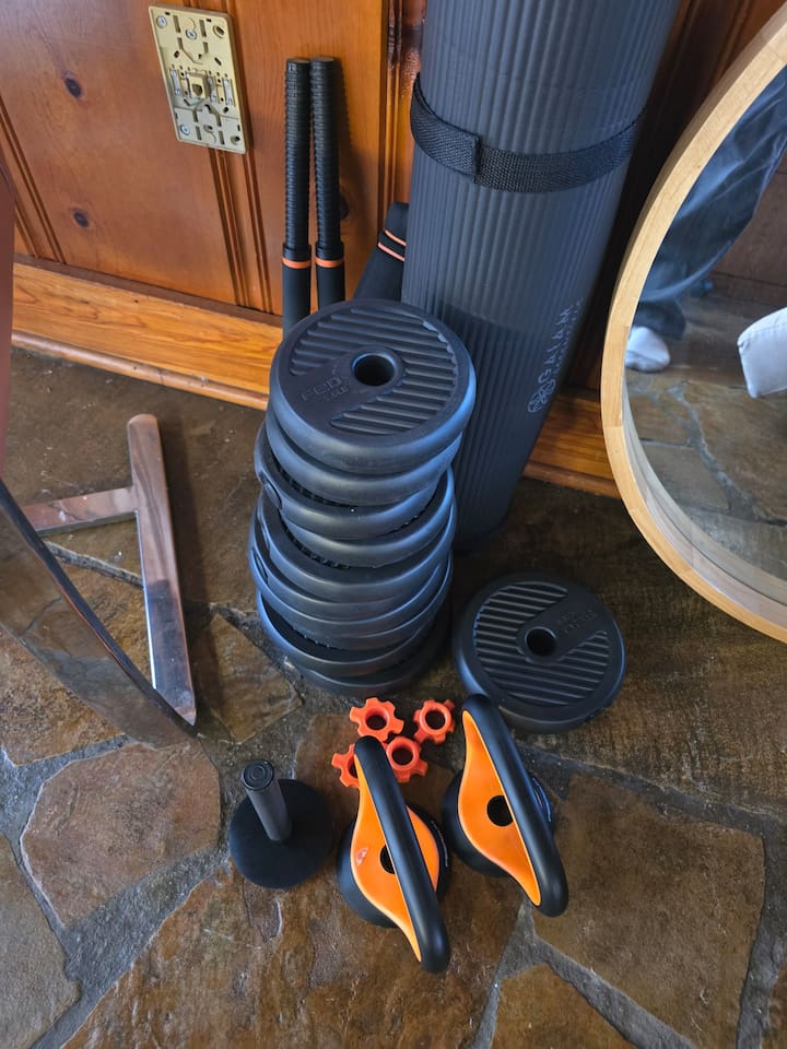 This awesome compact weight set allows you to do dumbbells, a barbell, and kettlebells! combined with the yoga mat and you're ready to get a good workout in!