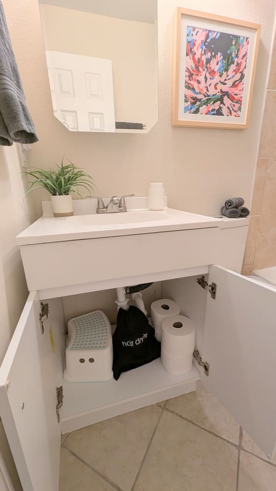 Full bath has foaming hand soap, hair dryer, extra toilet paper, and step stools. 