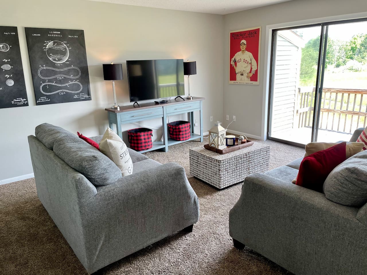 Cozy living room with access to back deck.  