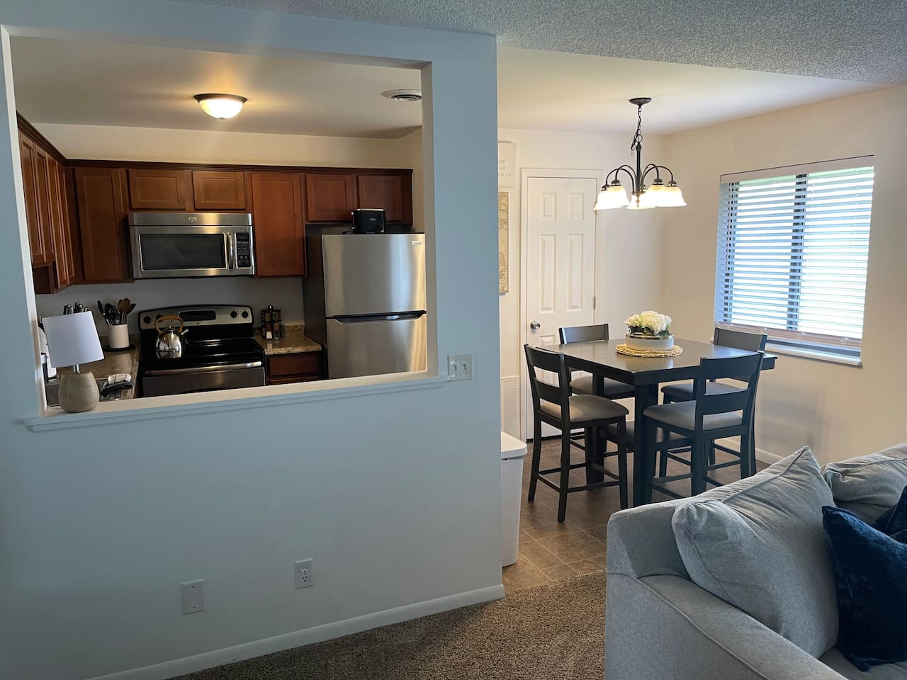 Kitchen overlooking eating and living area.