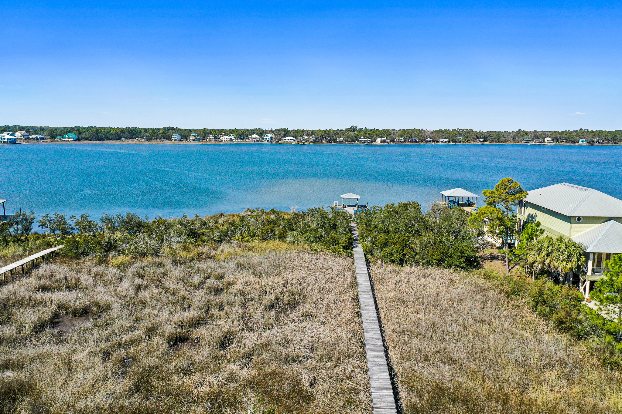 Overhead view of pier and lagoon