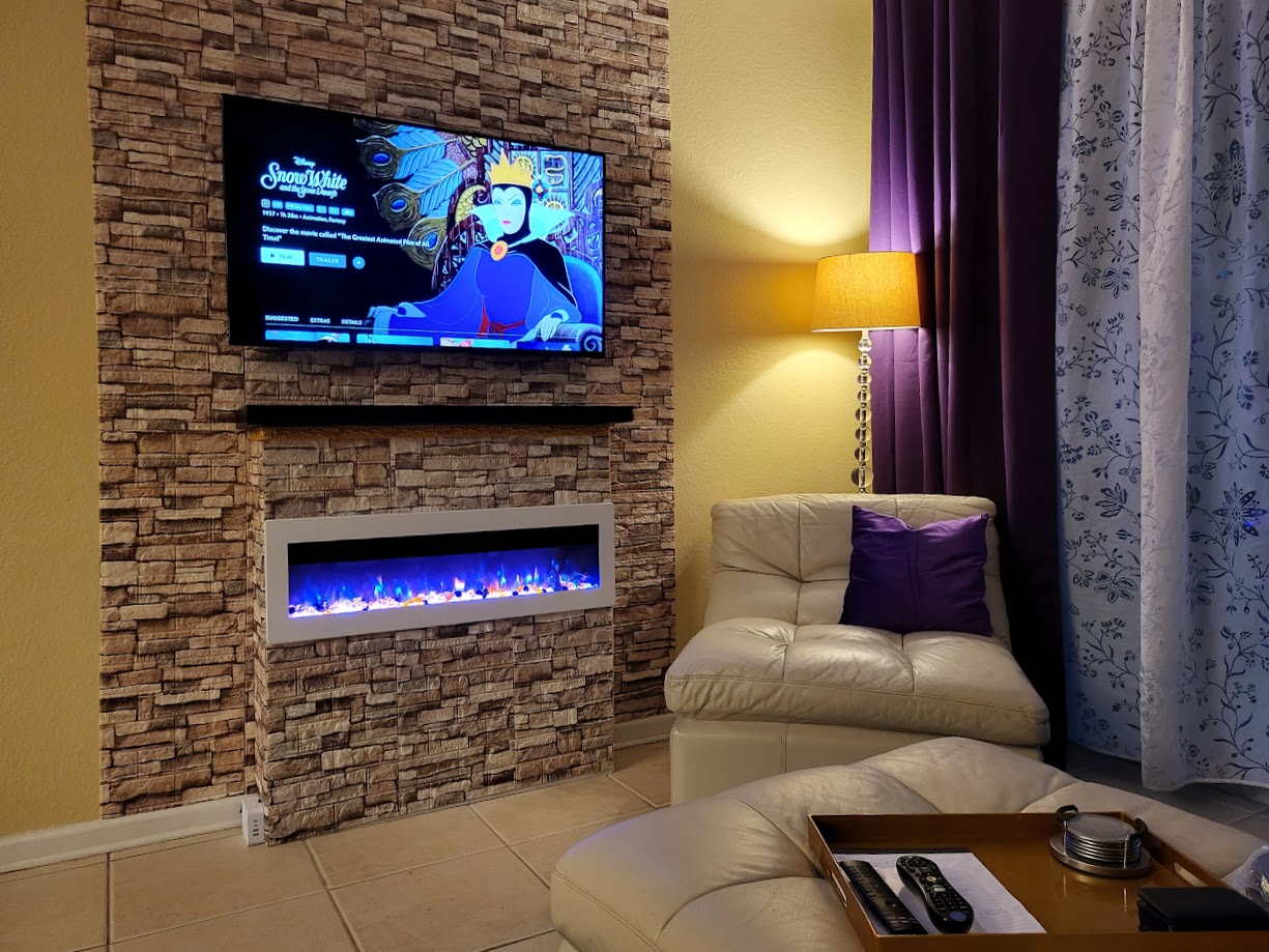 Our color changing fireplace - perfect for watching the best animated film ever!