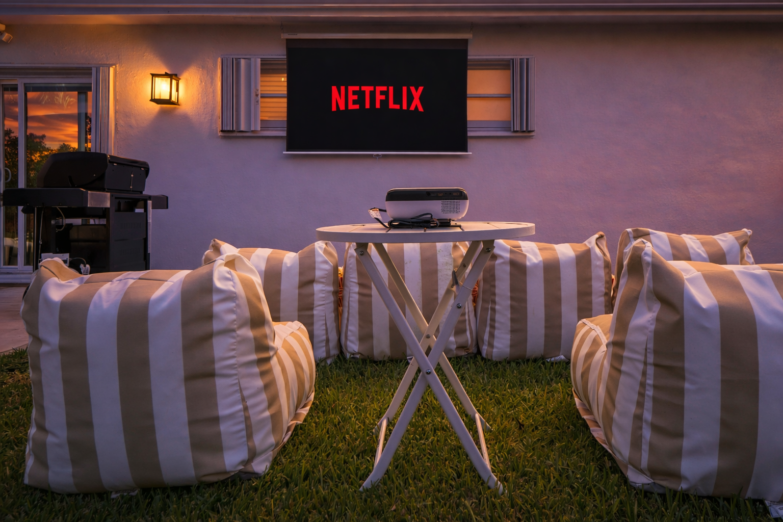 Movie nights under the stars with our outdoor cinema—plush lounge seating, popcorn ready, and your favorite shows streaming in total backyard privacy.
