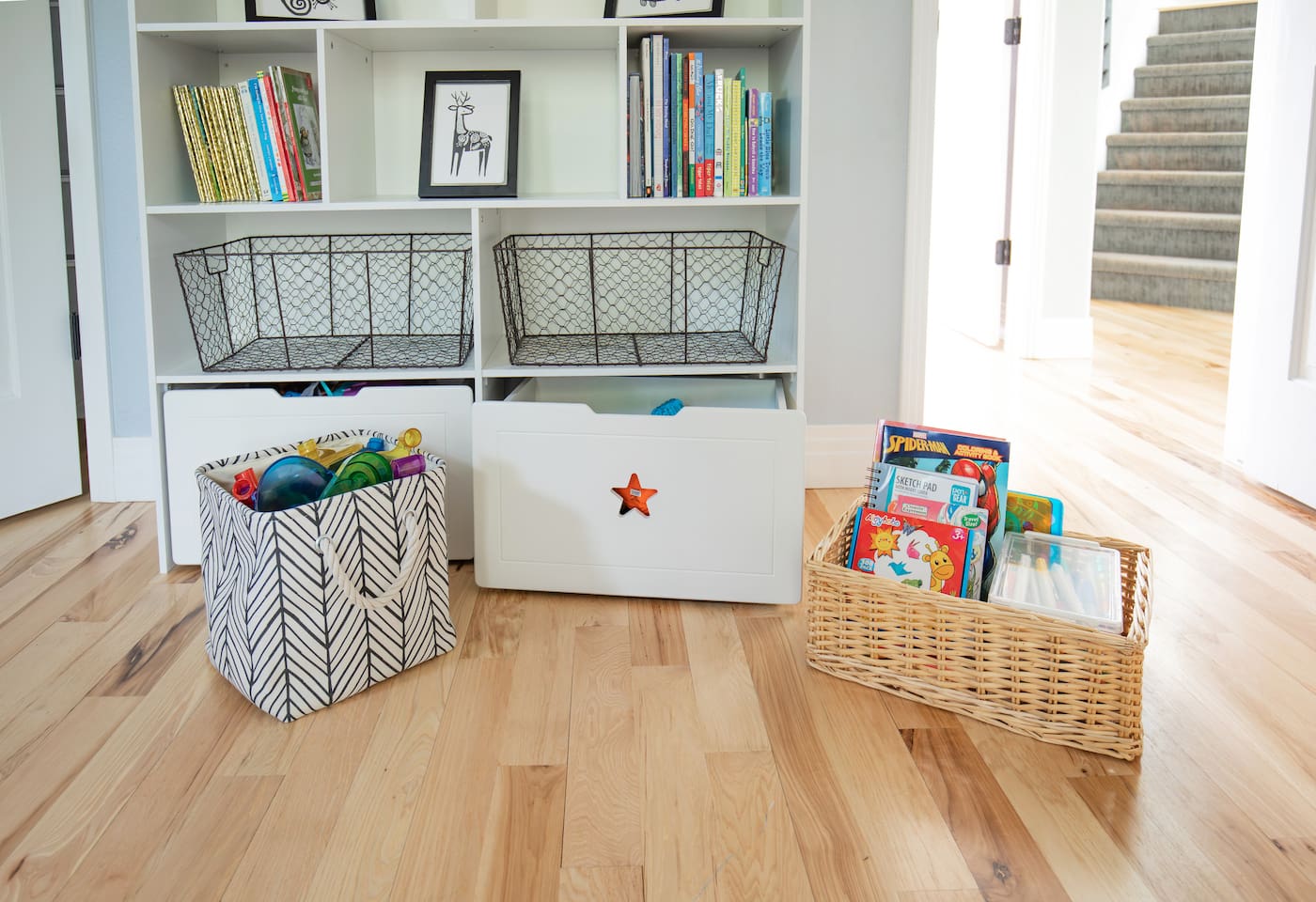  Thoughtfully designed for little ones, it features a collection of toys and colorful books, with clever storage in the closet to keep everything organized. Bright, cheerful, and inviting, its the perfect space for kids to read, play and feel right at home