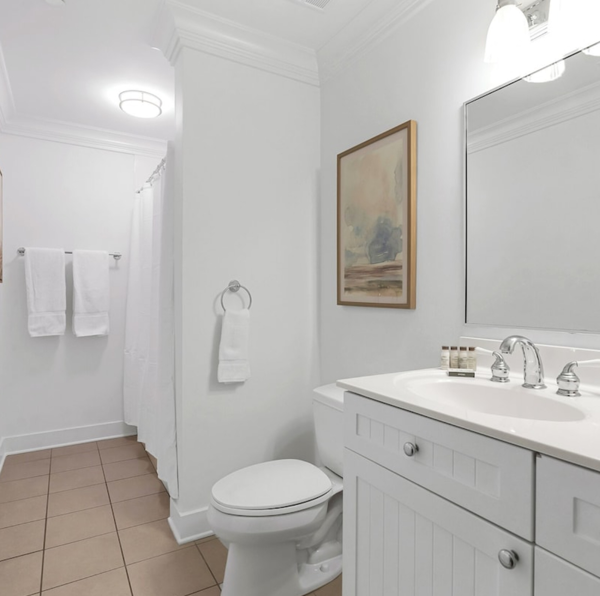 Guest bathroom includes tub and shower combo