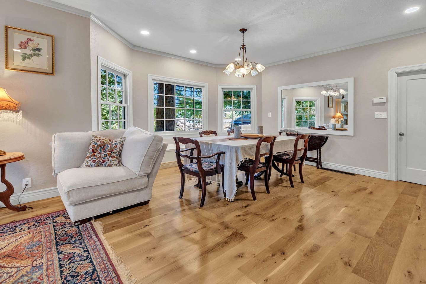 Dining room with table that seats 6.