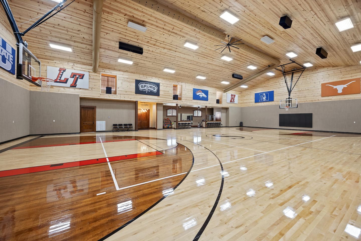 High School size gym has pickleball, volleyball, dodgeball, badminton, exercise equipment