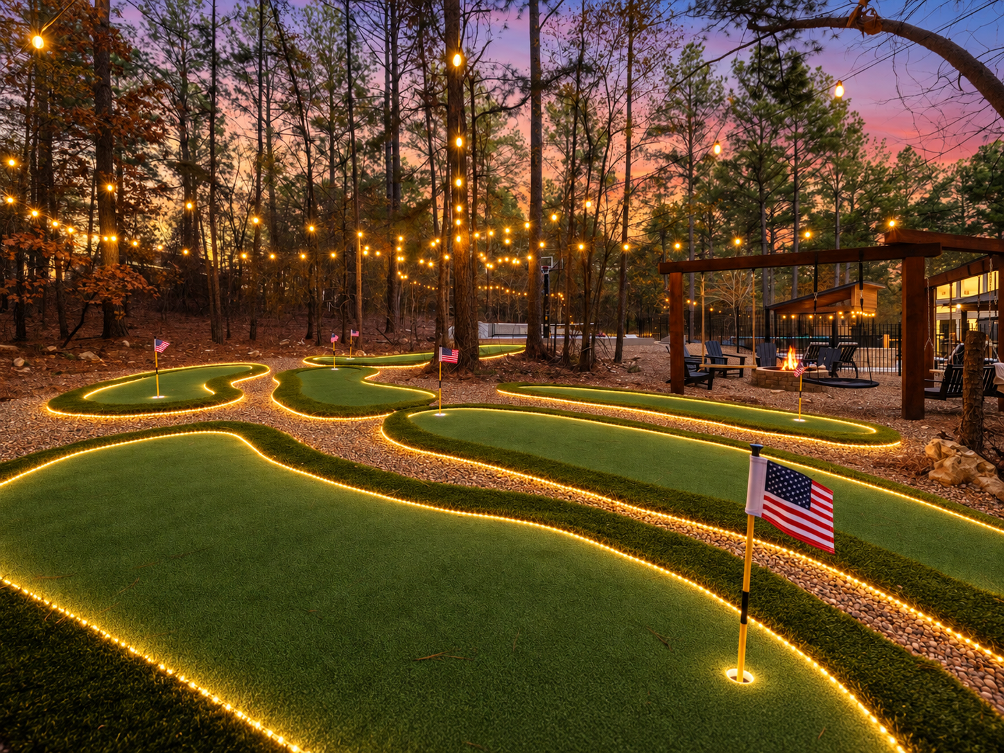 Day or night, our 6-hole glow mini golf course beneath towering pines invites you to unwind and connect. Imagine friendly competition under the stars, laughter echoing through the trees, and lasting memories made!