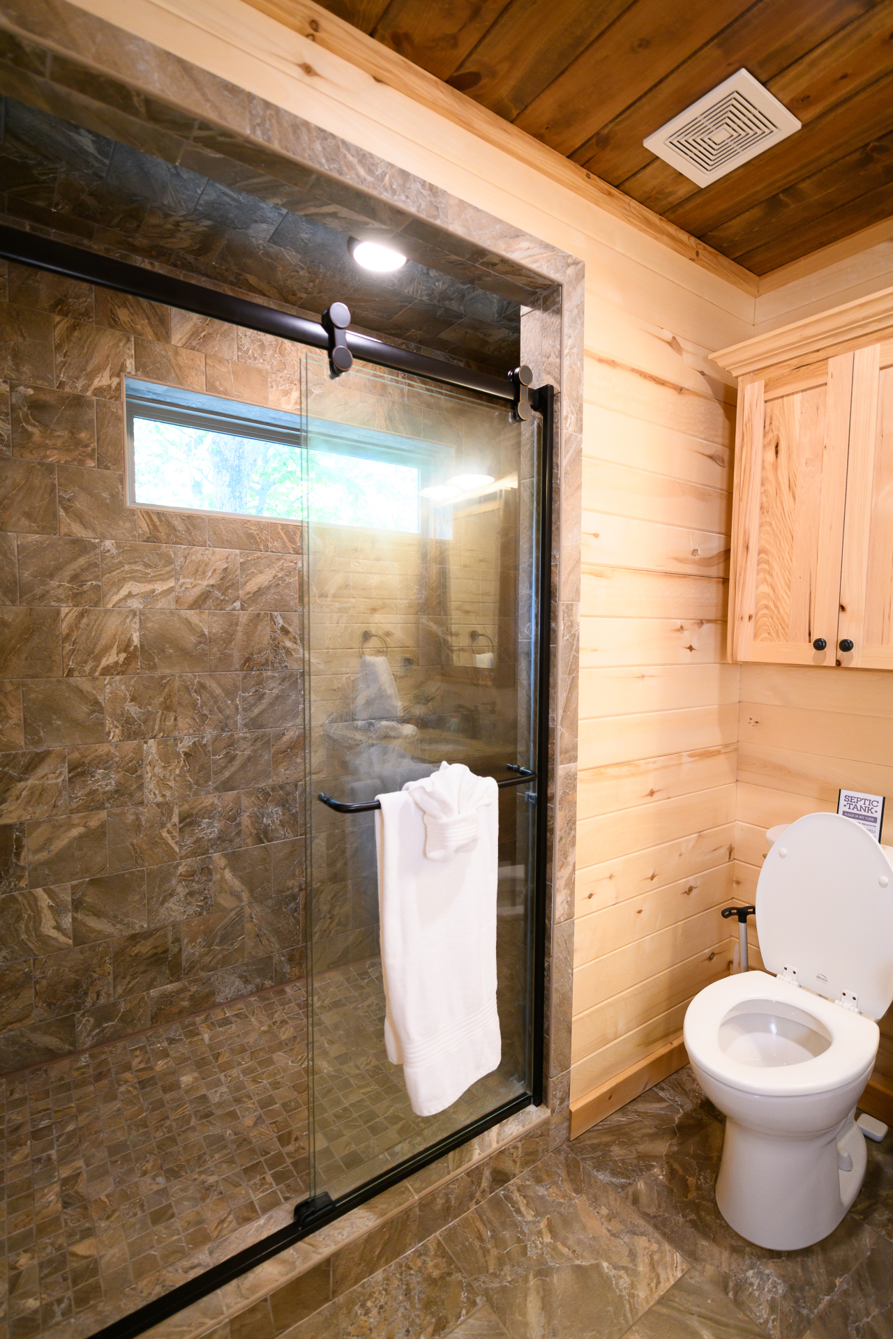 Roomy tiled shower.
