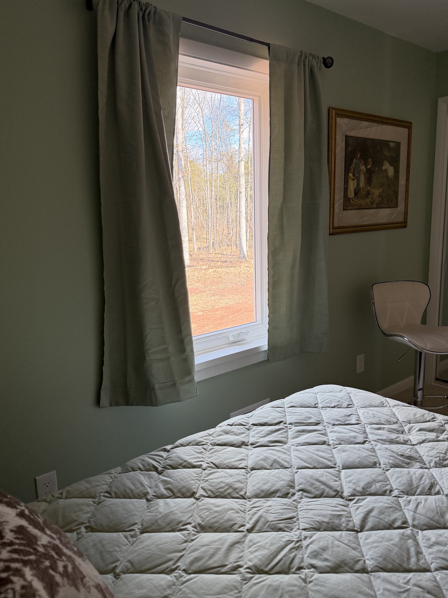 View out of twin bedroom of backyard and woods