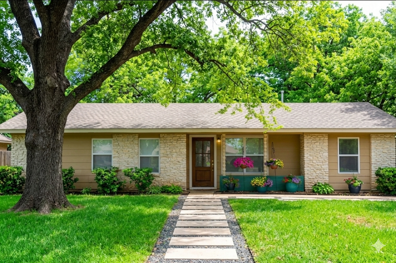 front porch with texas plants, drive way parking and big fenced yard