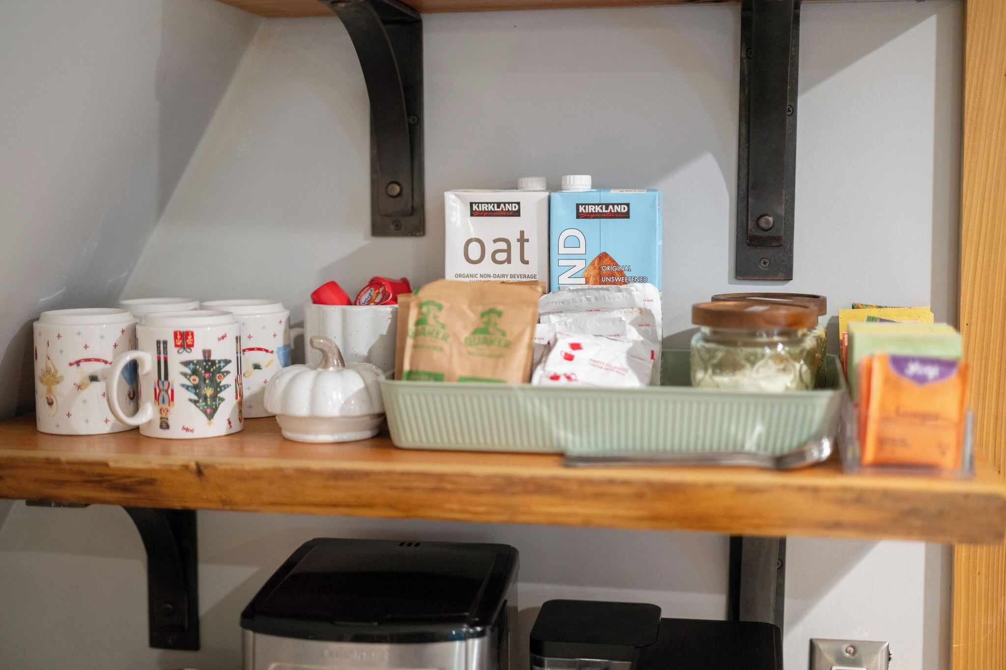 We provide oatmeal, waffle & pancake mix, almond milk, oat milk for our guests