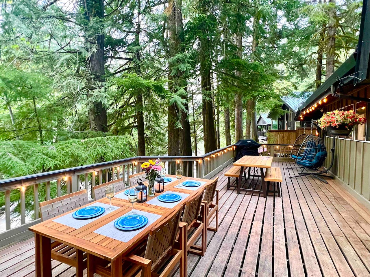 Back Deck on main floor level, overlooking the Sandy River. Access from Main Level Living Room, Master Bedroom, and King Size Guest Bedroom.