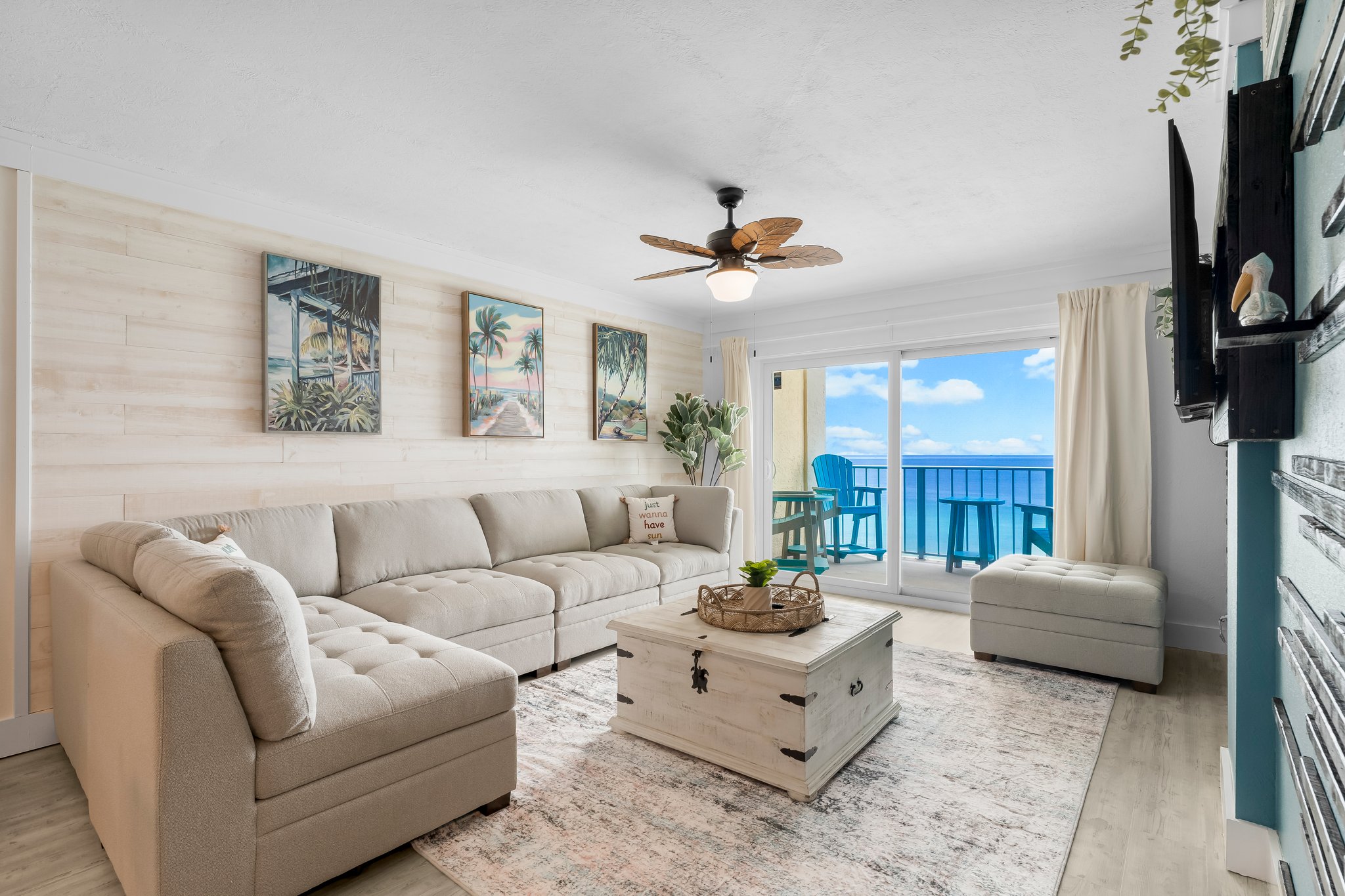 Sink into relaxation on our new extra-large couch, perfectly positioned to offer breathtaking Gulf-front views of the ocean to the entire group.