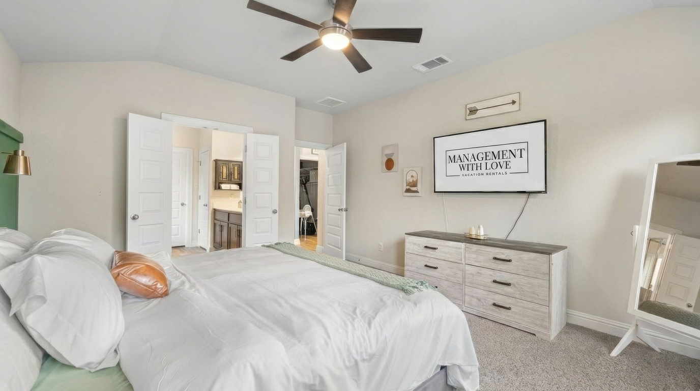A king-size bed with a primary suite. 