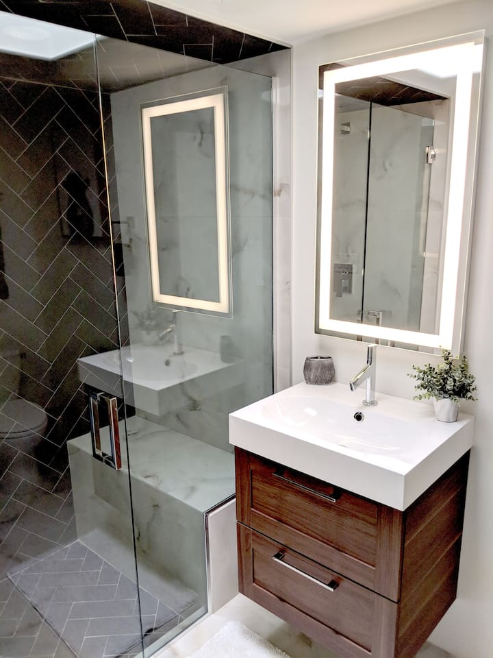 Guest bathroom with sunken walk-in shower