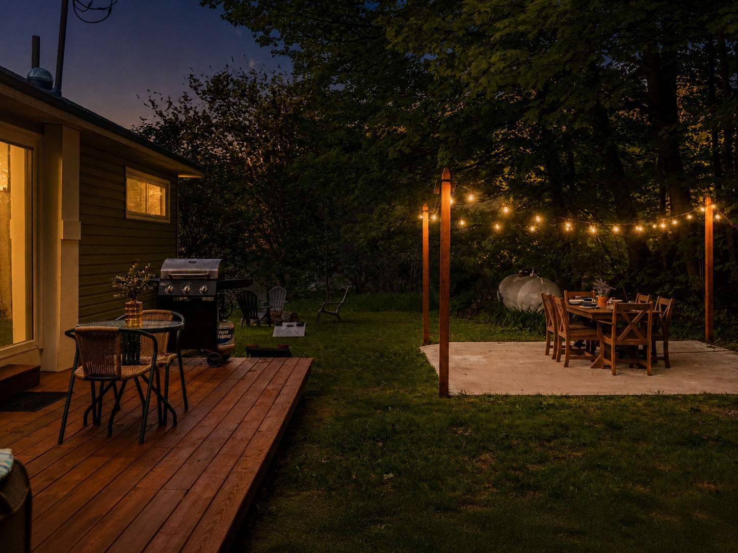 String lights around outdoor dining set
