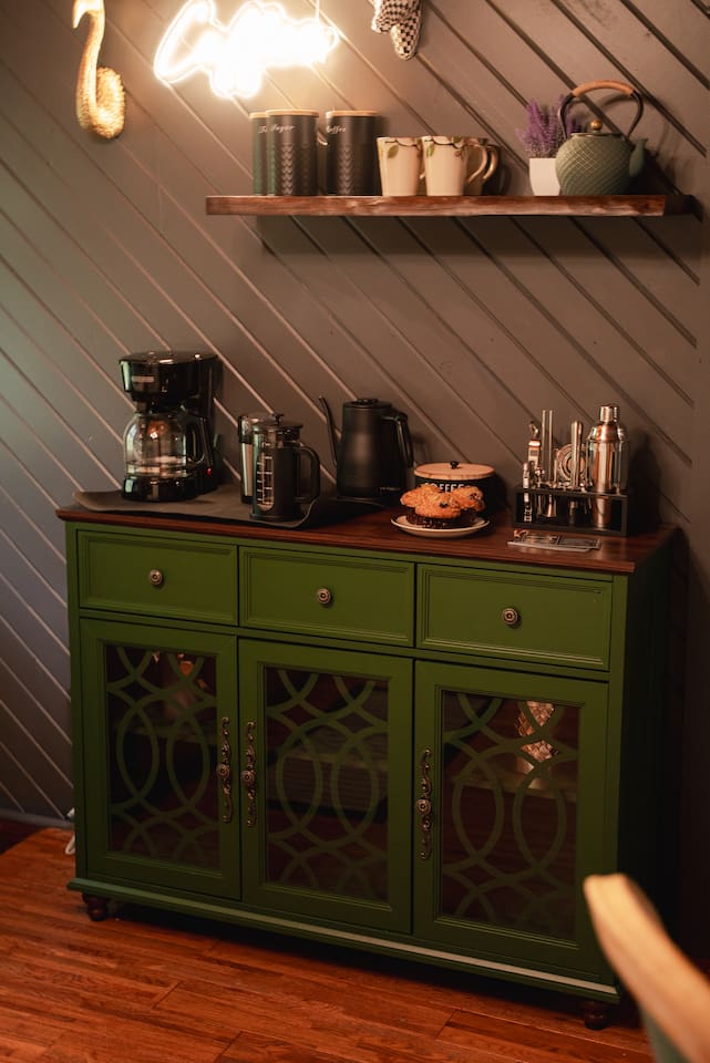 Coffee station ready for your morning brew, with a drip coffee maker, French press, and pour-over setup.
