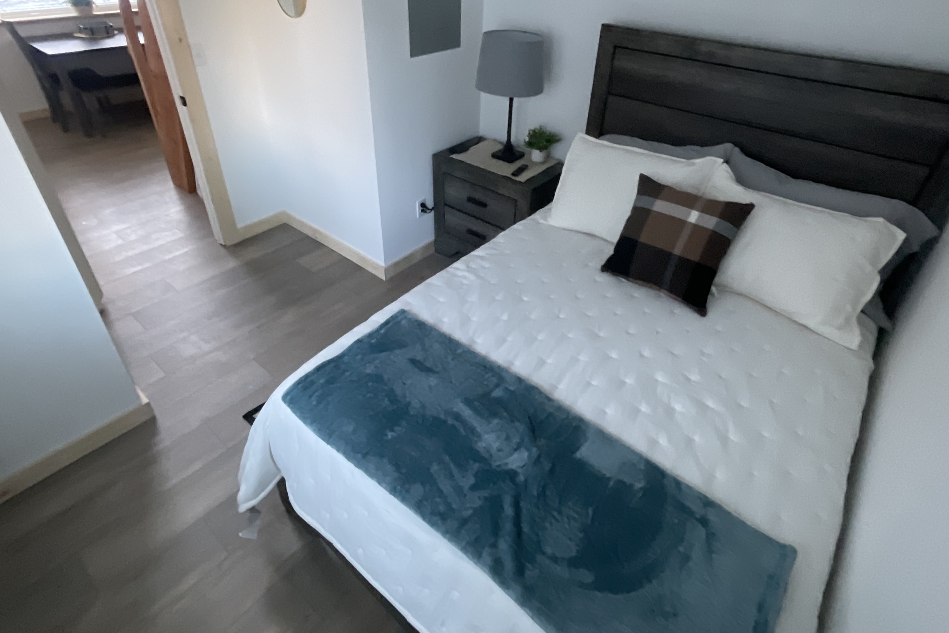 Bedroom on main floor includes a Queen Size Bed with night stand, closet space and TV. 