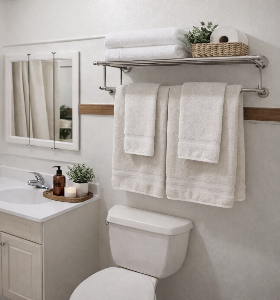 Clean, bright bathroom with full tub/shower and fresh hotel-style towels for comfortable, reliable stay.