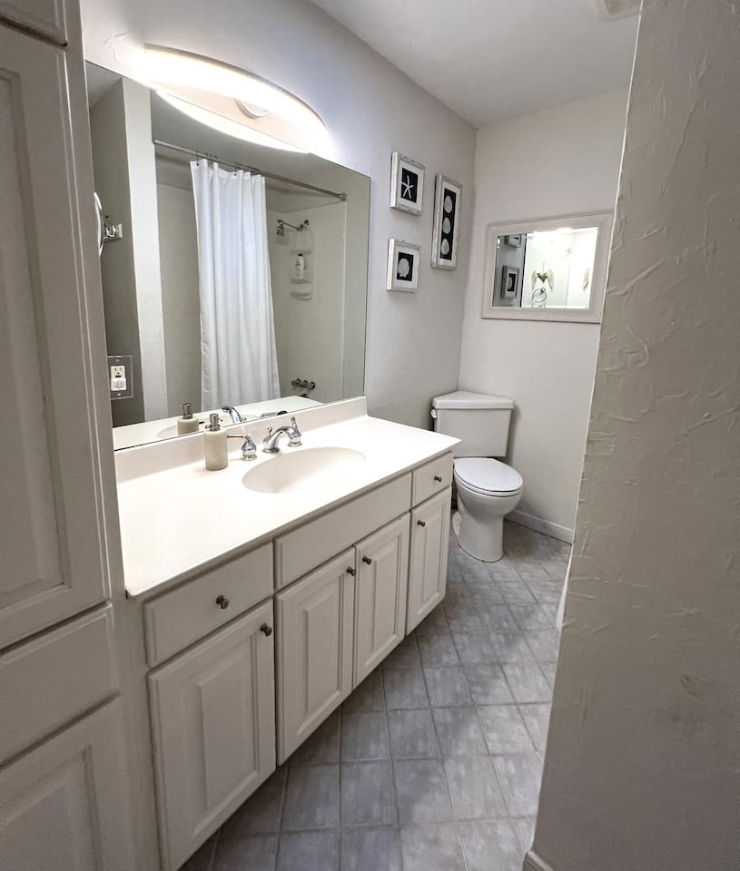 Fluffy towels,  milk n honey soap, adjustable showerhead,  plus generous storage.  Shower/tub combo .