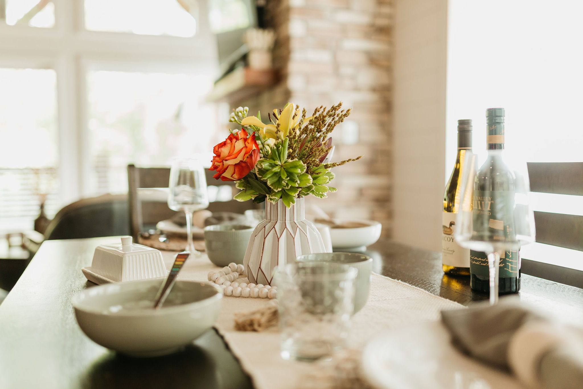 Dining Area: Enjoy meals with a view, surrounded by elegant decor and vibrant florals!