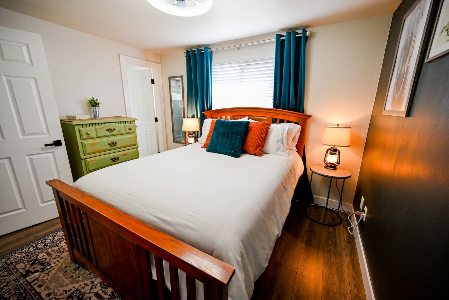 Master bedroom with queen bed, 2 nightstands (with USB charging station), dresser and closet.