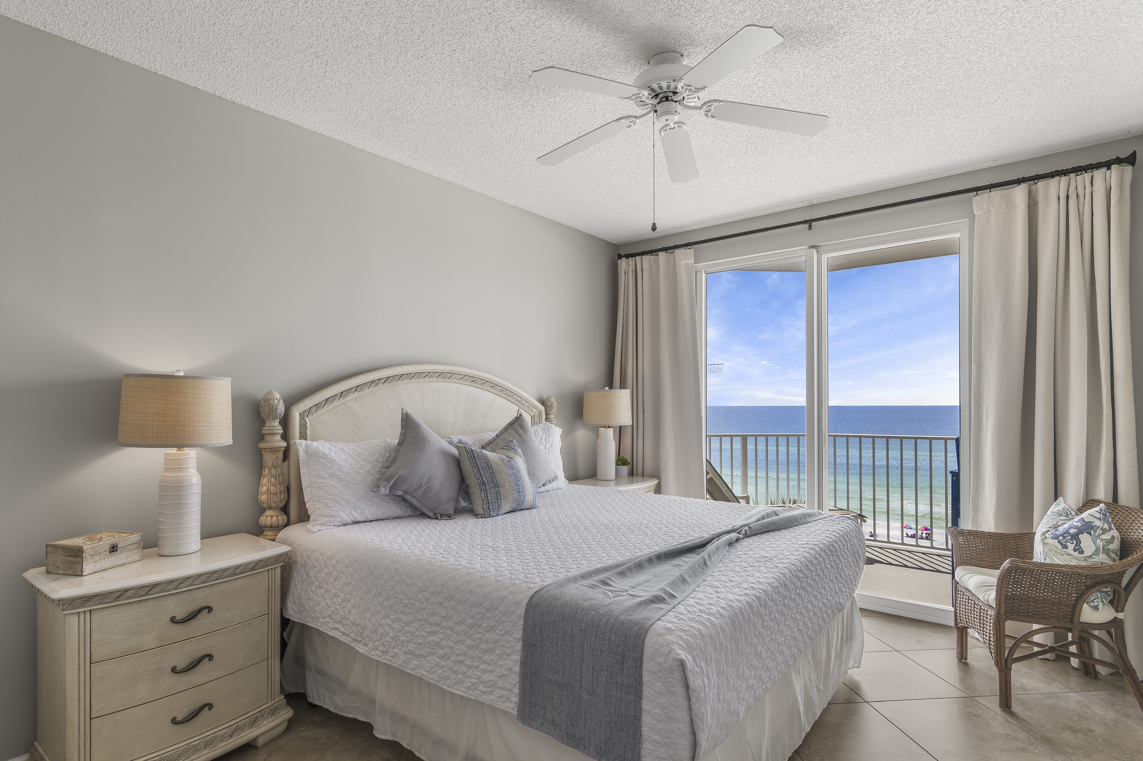 Big Gulf views from the primary bedroom which features a King Bed, new furniture, Smart TV, large closet, and private bathroom with dual vanity