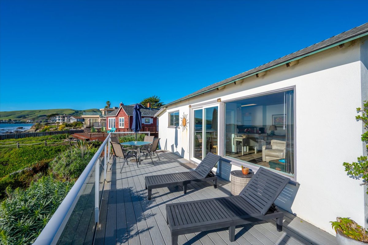 Large, outdoor deck with lounge chairs
