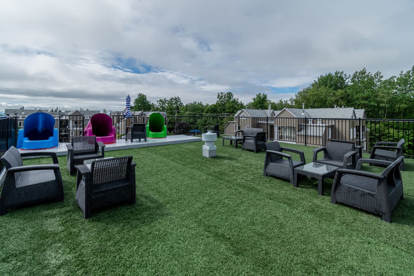 Outdoor patio with seating for morning coffee breaks